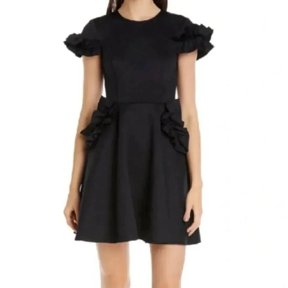 TED BAKER black LUUCIEE Neoprene Ruffle Trim skater dress size 1 US 4 NEW NWT - Picture 1 of 14